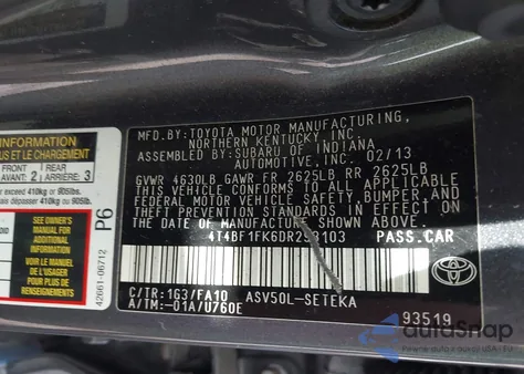 2013 Toyota Camry L from USA, damaged, VIN 4T4BF1FK6DR293103